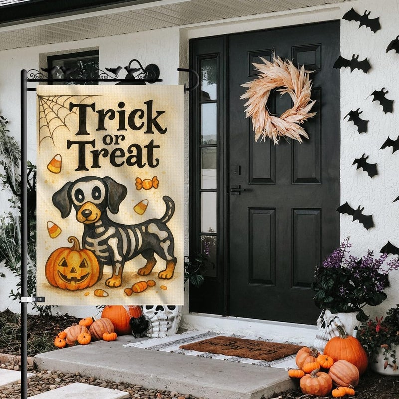 KarvePro Skeleton Dachshund Dog Halloween Garden Flag – Trick or Treat Pumpkin Yard Flag 12x18, Double Sided Burlap Outdoor Decoration - Image 2